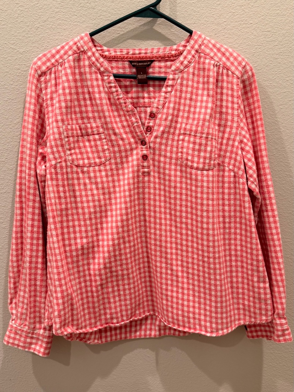 Bit & Bridle Pink Gingham Henley Long Sleeve Top